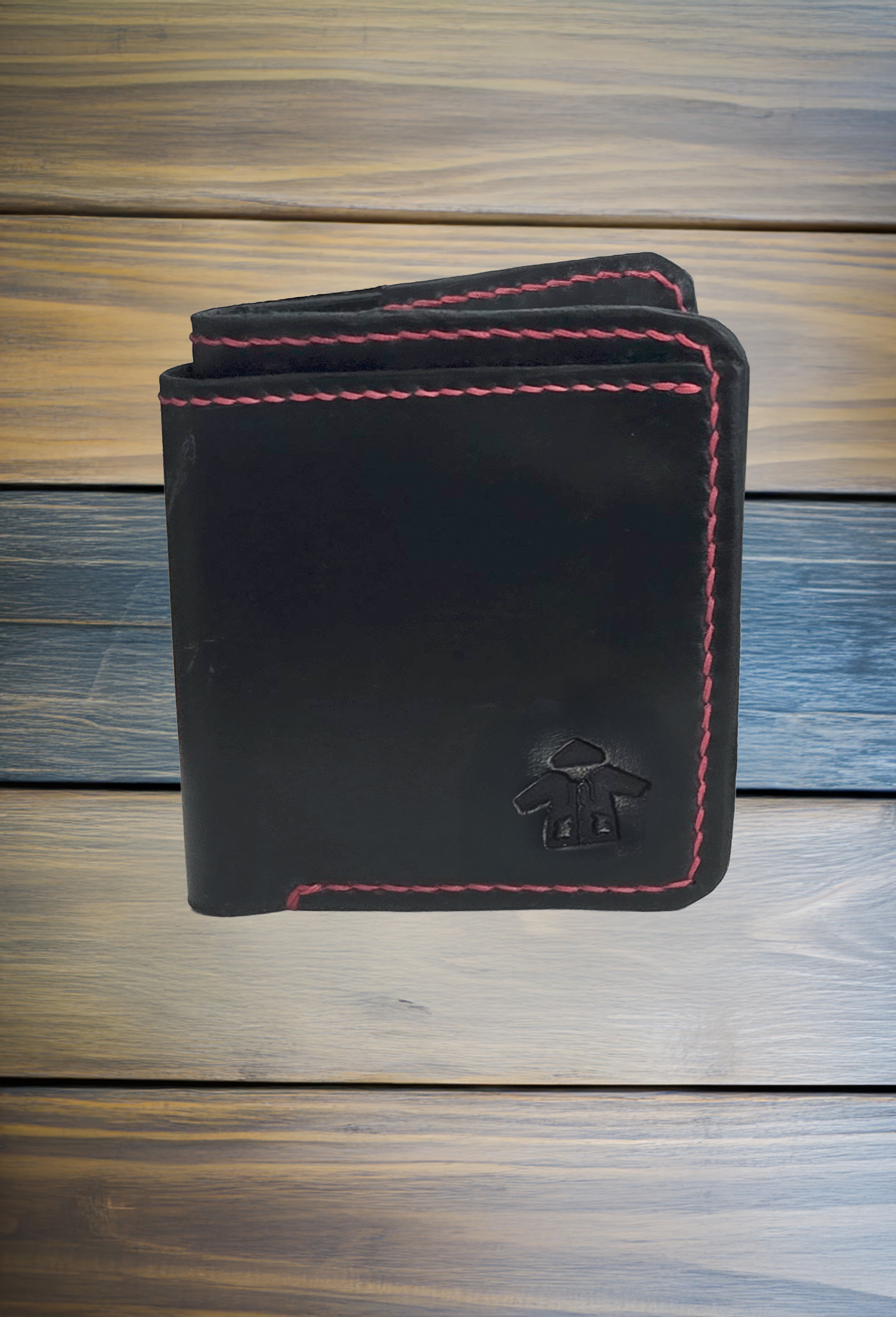 Leather Bi-Fold Wallet w/Red Thread (Black)