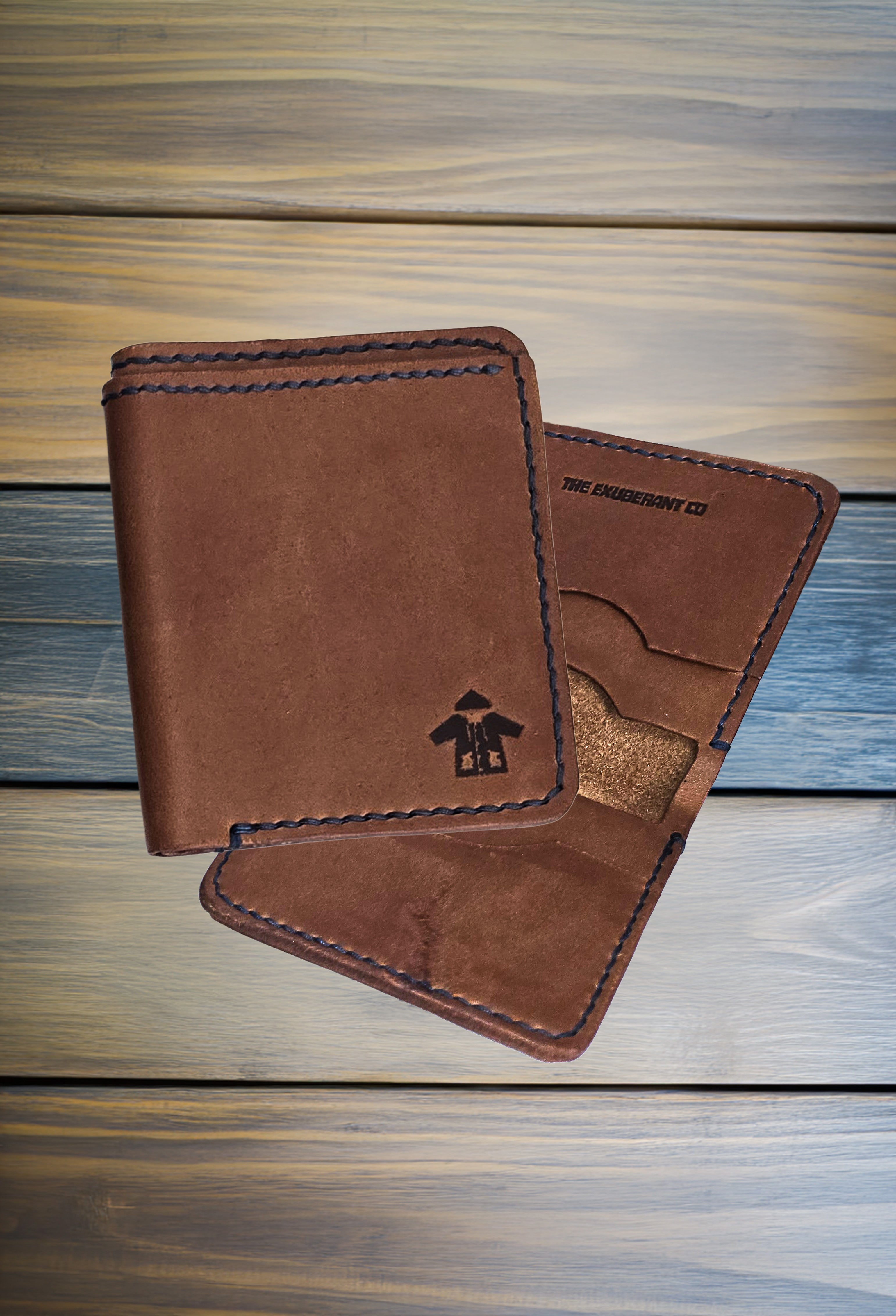 Leather Bi-Fold Wallet w/Navy Blue Thread (Brown)