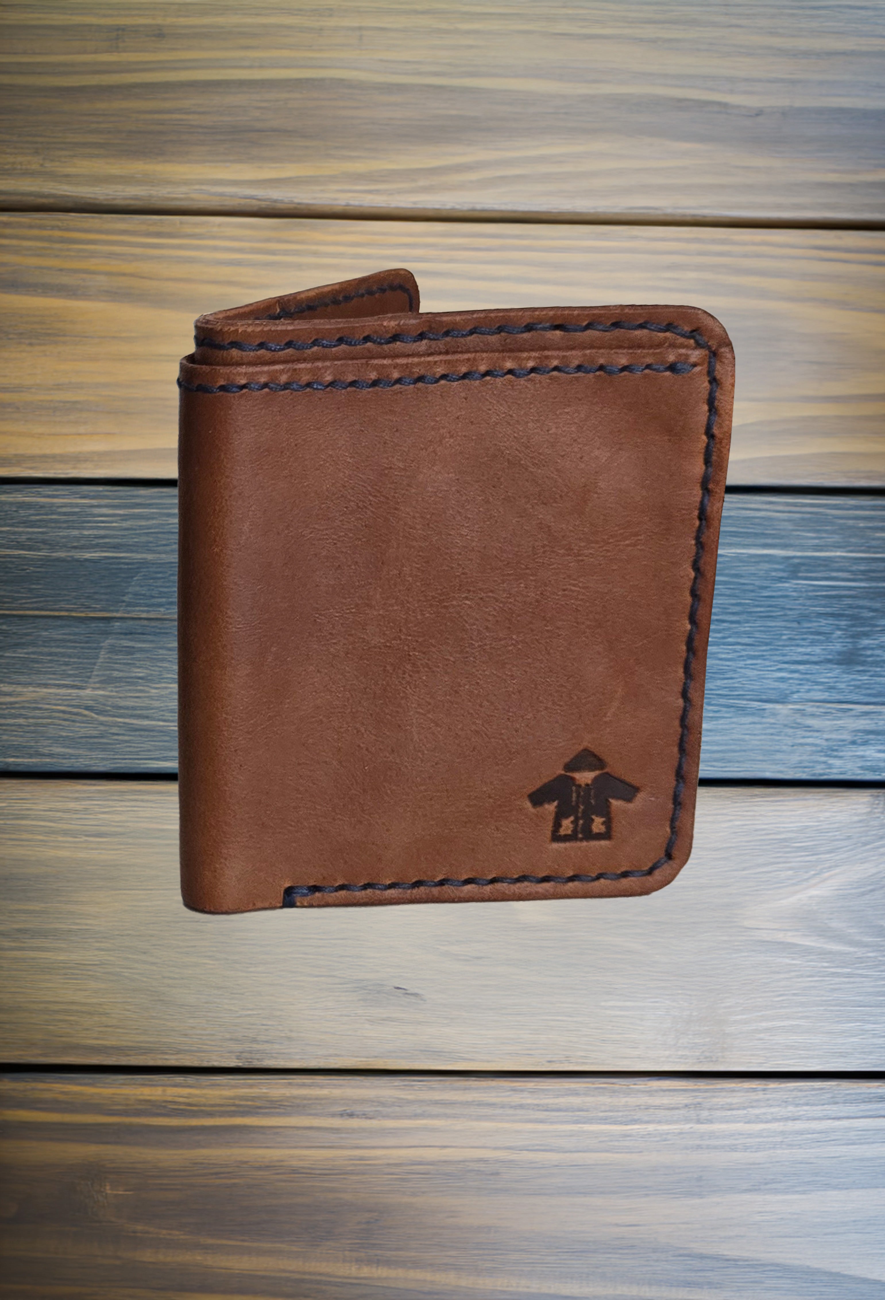 Leather Bi-Fold Wallet w/Navy Blue Thread (Brown)