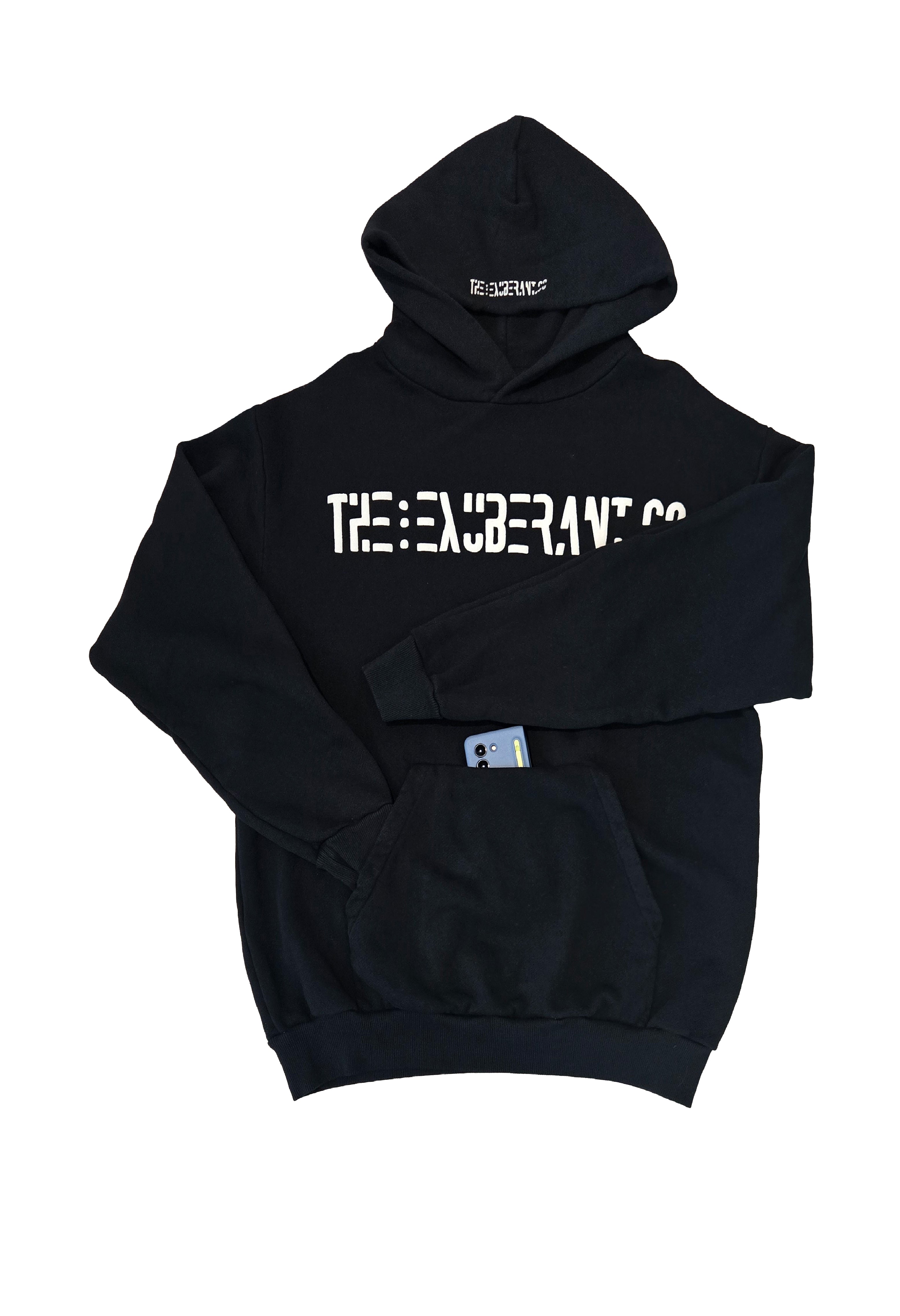 Printed French Terry Hoodie w/Mini Pocket Built-In a Kangaroo Pocket (Black)