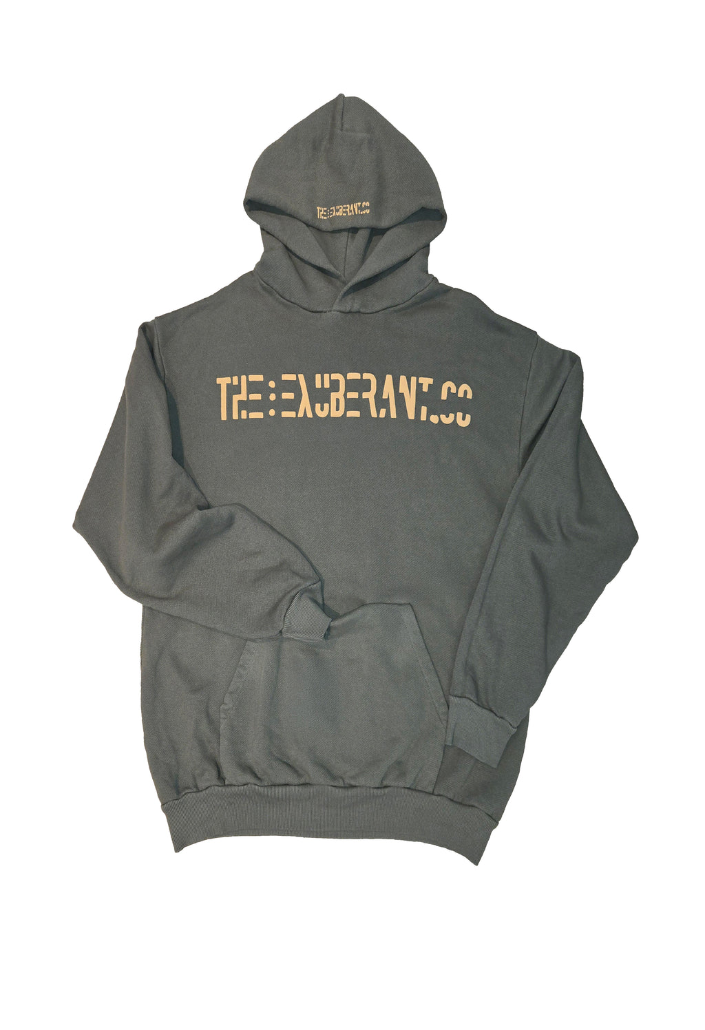 "Olive French terry hoodie with kangaroo pocket and built-in mini pocket, front view — The Exuberant Co, Cut & Sewn in LA"