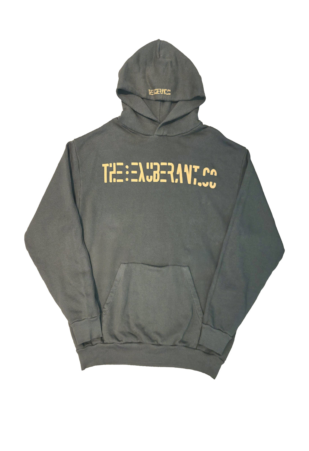 "Olive French terry hoodie with kangaroo pocket and built-in mini pocket, pre-washed fabric, front view — The Exuberant Co, Cut & Sewn in LA"