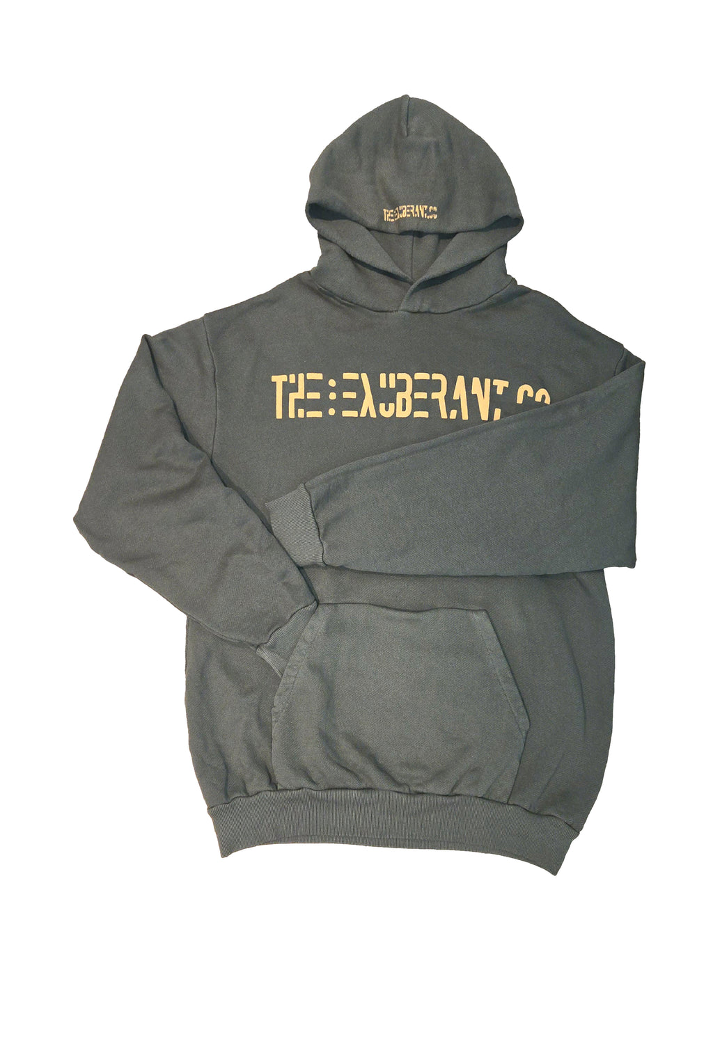 "Olive French terry hoodie with kangaroo pocket and built-in mini pocket, sleeve in pocket view — The Exuberant Co, Cut & Sewn in LA"
