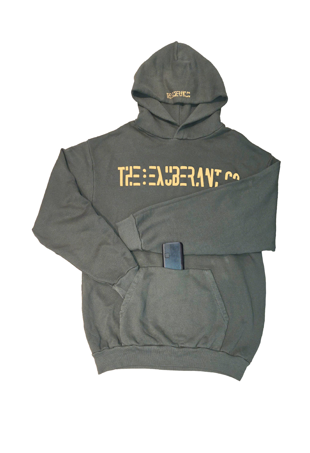 "Olive French terry hoodie with kangaroo pocket and built-in mini pocket, pre-washed fabric, front mini pocket used demo view — The Exuberant Co, Cut & Sewn in LA"