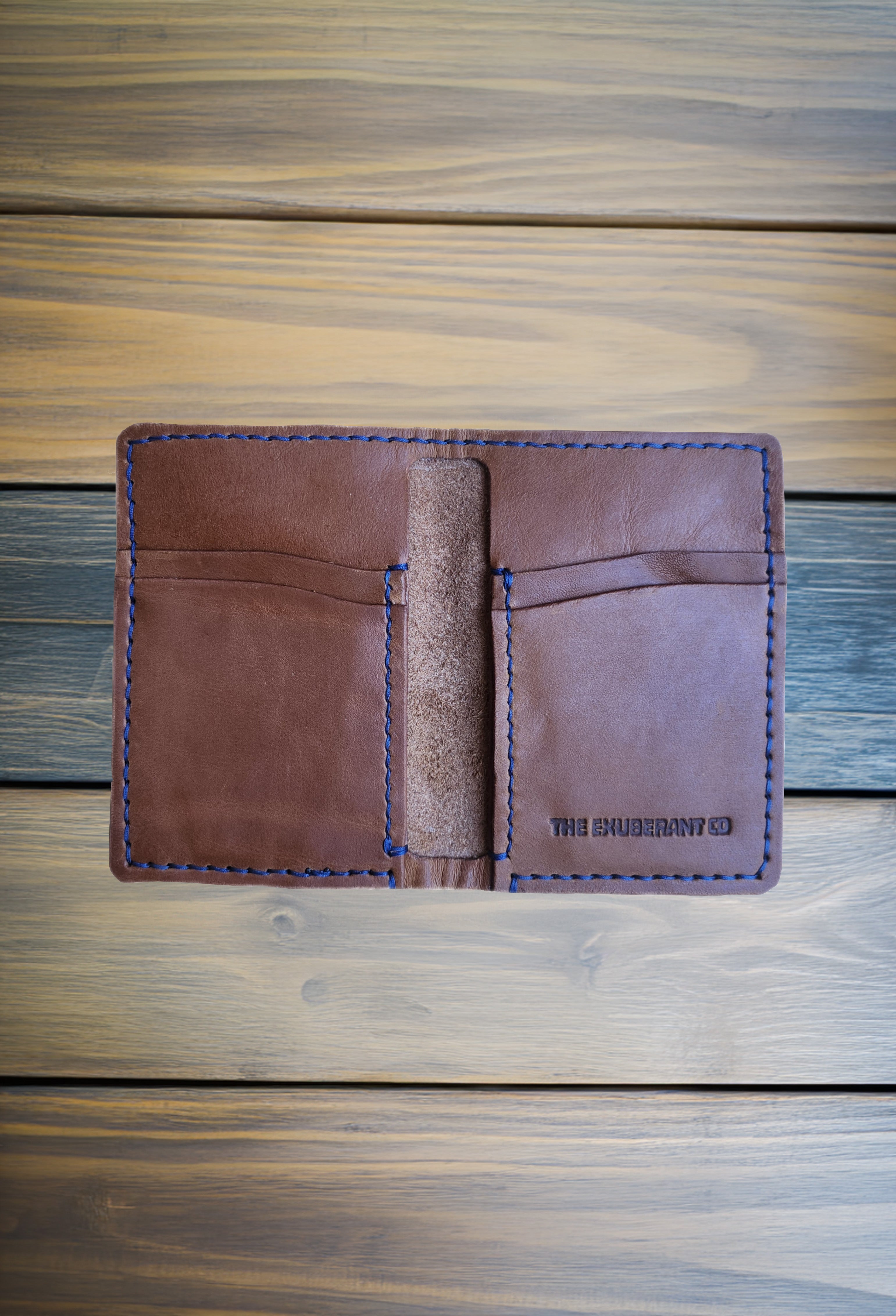 Leather Vertical Wallet w/Navy Blue Thread (Brown)